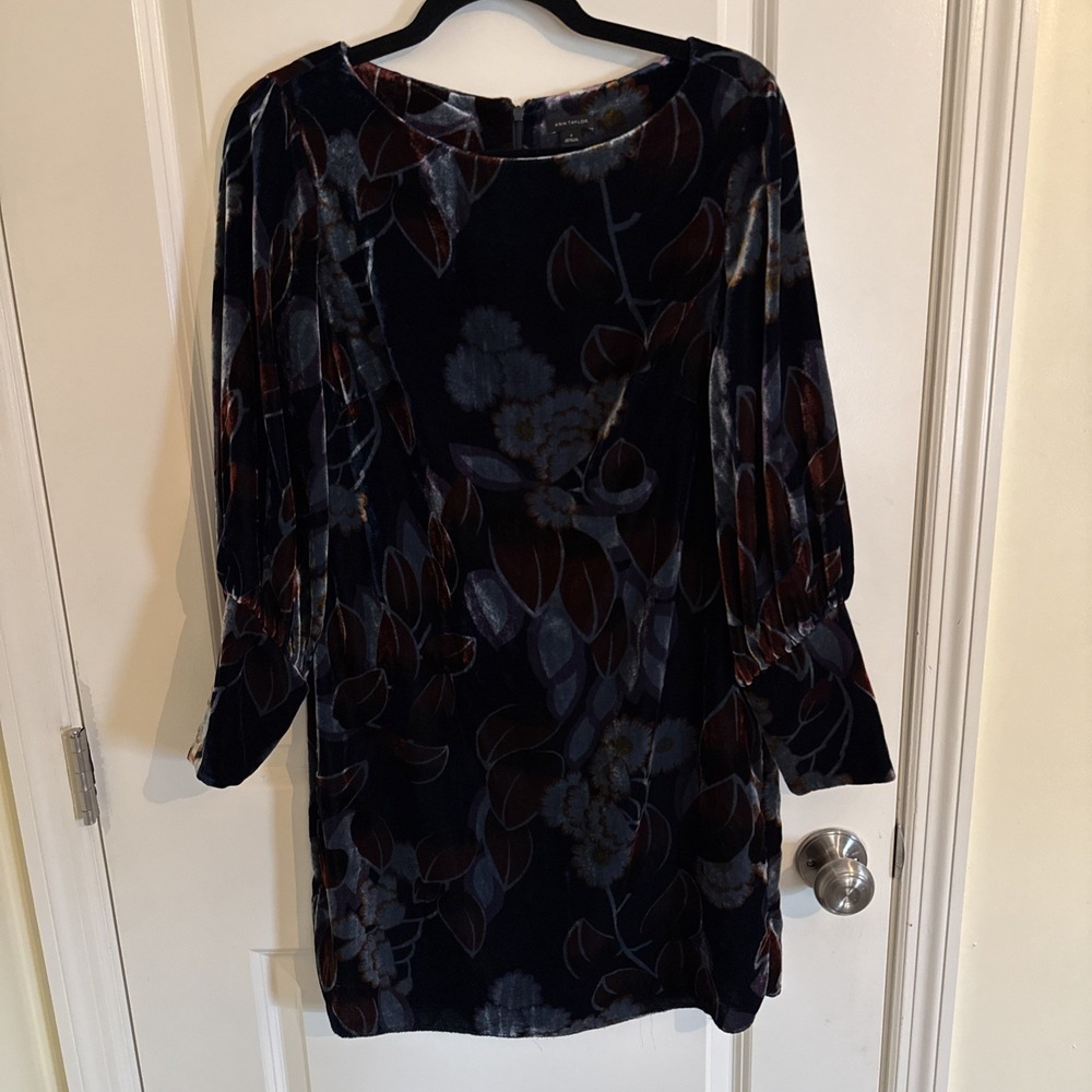 Ann Taylor Navy Floral Velvet Puff Sleeve Dress Size 2